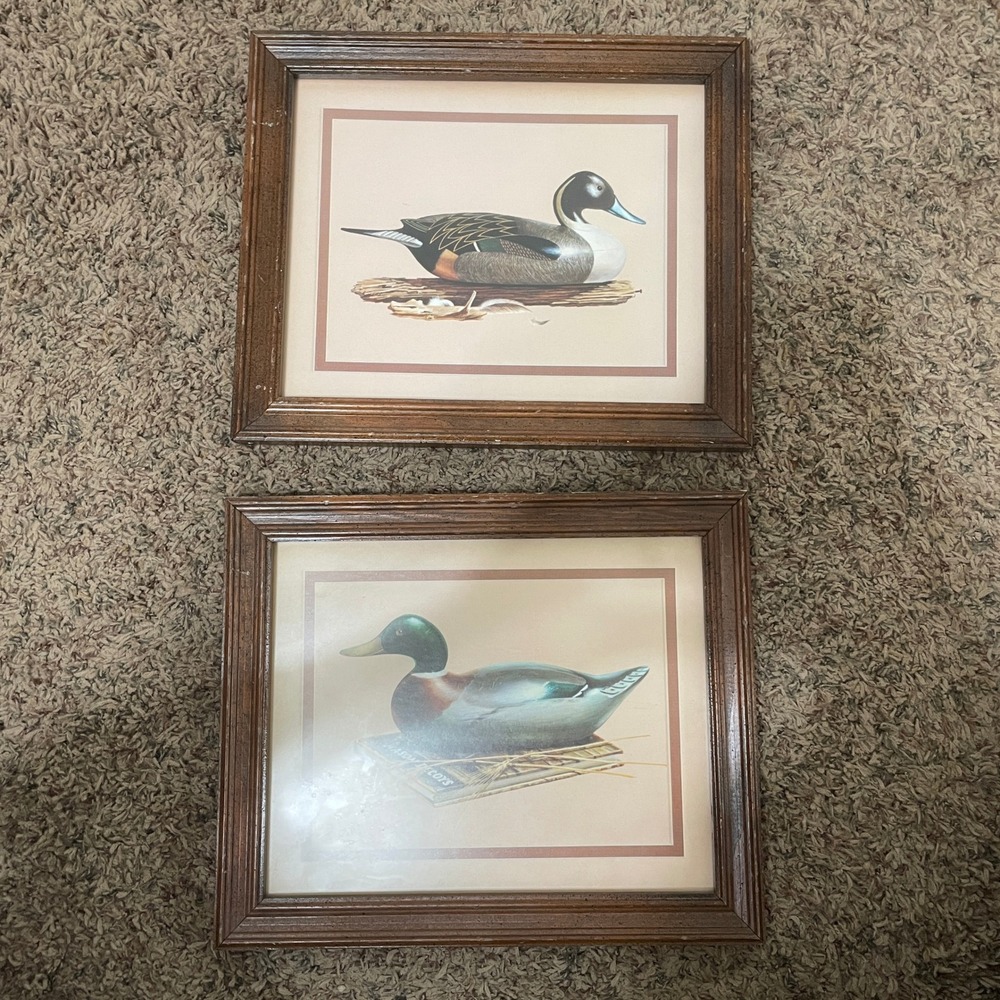 Vintage Duck Prints Set of 2 Mallard Decoy Leonard‎ Fisher Hunting Lodge Decor
